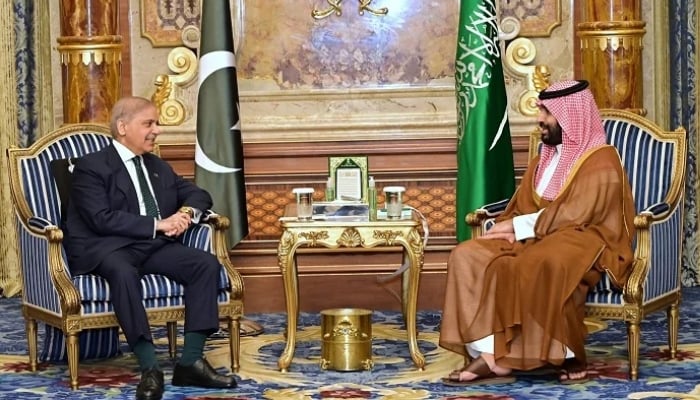 Prime Minister Shehbaz Sharif (left) exchanges views with Saudi Crown Prince Mohammed bin Salman during a key meeting in Jeddah, April 15, 2026. —X@PakPMO