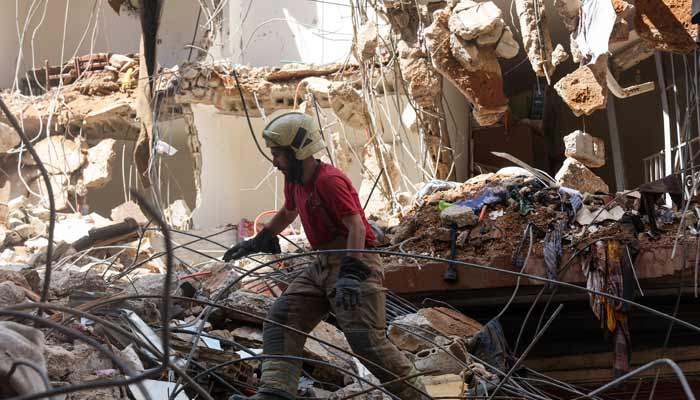 A rescuer works at the site of an Israeli strike carried out on Wednesday, in the southern suburbs of Beirut, Lebanon, April 10, 2026.— Reuters/File