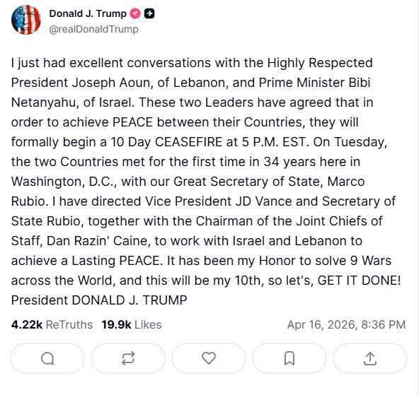 Trump says Lebanon and Israel reach 10-day ceasefire