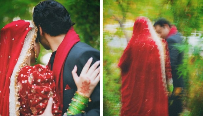 A collage shows Ramsha Khan and Khushhal Khan pose for a wedding shoot, April 17, 2026. — Instagram@khushhalk