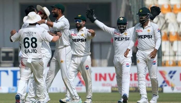 Pakistan Test team celebrate during a match in this undated photo. — PCB/File