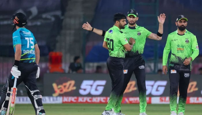 Lahore Qalandars pacer Haris Rauf (first from right) celebrates with teammates after dismissing Daryl Mitchell (left) during their Pakistan Super League (PSL) 11 match against Rawalpindiz at the National Bank Stadium in Karachi on April 18, 2026. —  X/@thePSLt20