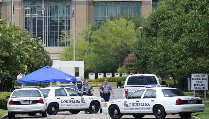 Law enforcement officers block the entrance to the Louisiana State Police Headquarters in Baton Rouge, Louisiana, US. — Reuters/File