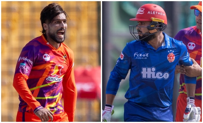 This collage shows Rawalpindiz pacer Mohammad Amir (left) and Faheem Ashraf of Islamabad United, who briefly engage in on-field altercation during the PSL match at National Bank Stadium, Karachi, on April 23, 2026. — PSL