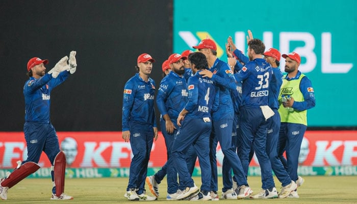 Islamabad Uniteds Salman Mirza (centre) celebrates taking a wicket with teammates during their PSL 11 match against Hyderabad Kingsmen at the National Bank Stadium in Karachi on April 24, 2026. — PSL