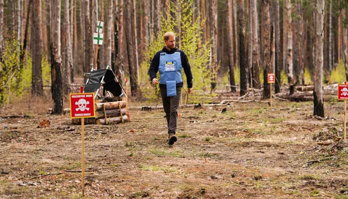 Britain’s Prince Harry on Friday visited deminers from the Halo Trust charity — made famous by his mother, Princess Diana— near the Ukrainian town of Bucha. — AFP