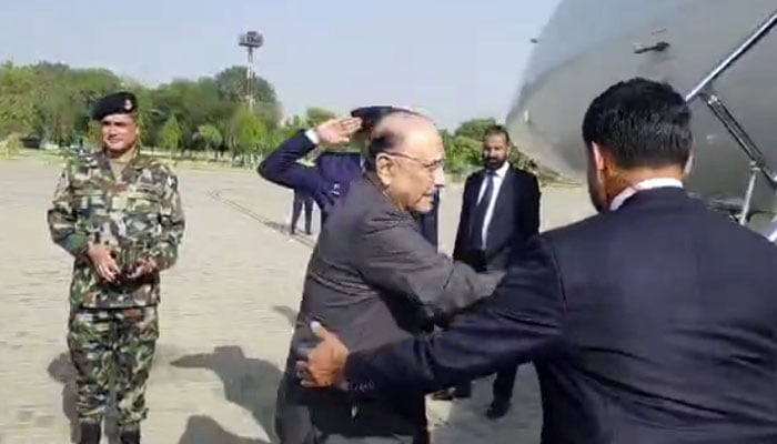 President Asif Ali Zardari boards aircraft at Lahore Airport as he departs for a five-day official visit to China on April 25, 2026. — Screengrab via Geo News