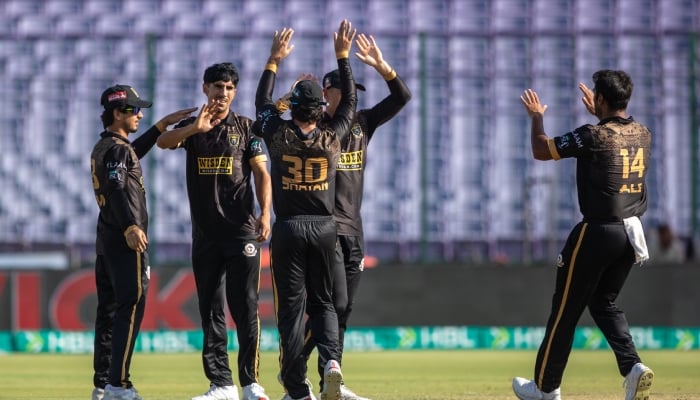 Hyderabad Kingsmen celebrate a wicket during their PSL 11 match against RawalPindiz at National Bank Stadium, Karachi, April 26, 2026. — PSL