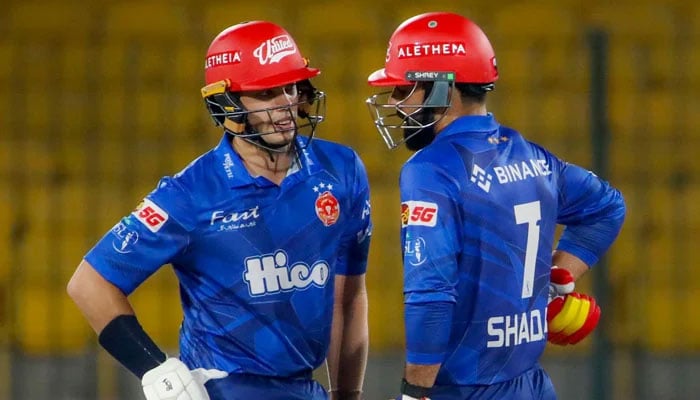 Islamabad Uniteds Mark Chapman (left) and Shadab Khan in action during their PSL 11 match against Multan Sultans at the National Bank Stadium in Karachi on April 26, 2026. — PSL