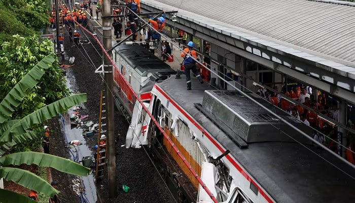 Rescuers and technicians work after a deadly collision between a commuter line train and a long-distance train, in Bekasi, on the outskirts of Jakarta, Indonesia, April 28, 2026.— Reuters
