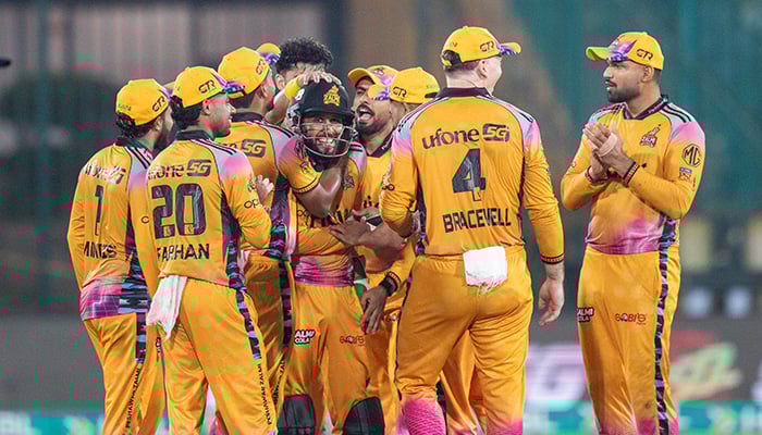Peshawar Zalmi players celebrate a wicket during the PSL 11 Qualifier against Islamabad United at National Bank Stadium, Karachi, on April 28, 2026. — PSL