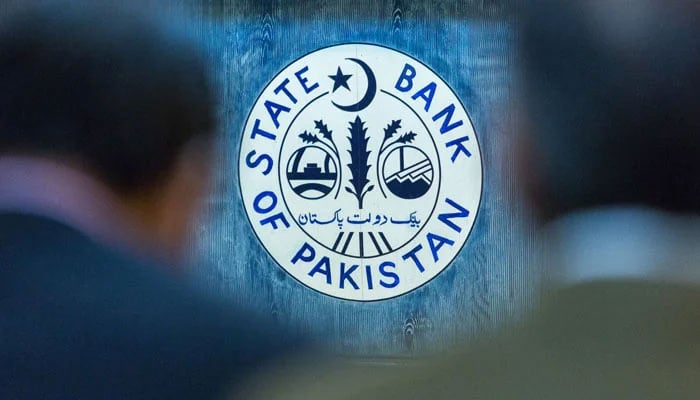 The emblem of the State Bank of Pakistan during a news conference in Karachi on January 23, 2023. — Bloomberg