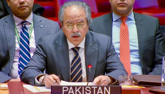 Pakistans Permanent Ambassador to the UN, Asim Iftikhar Ahmad, addresses the UNGA session on Jan 14, 2025. — @PakistanUN_NY