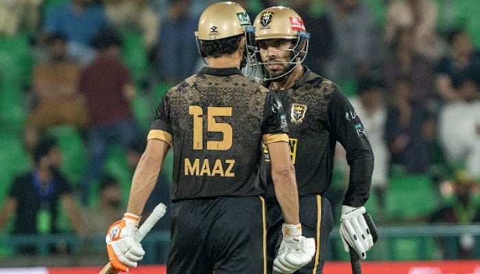 Hyderabad Kingsmen batters Usman Khan (right) and Maaz Sadaqat interact during the PSL 11 Eliminator 1 against Multan Sultans at Gaddafi Stadium, Lahore, on April 29, 2026. — PSL