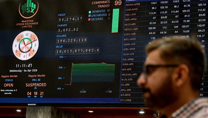 A stockbroker walks past share prices on a digital board during a trading session at the Pakistan Stock Exchange (PSX) in Karachi on April 8, 2026. — AFP