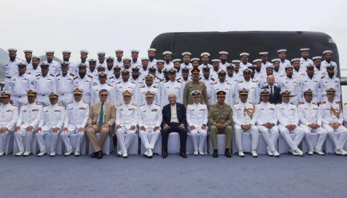President Zardari and other dignitaries pictured in a group photo at the commissioning ceremony of the first Hangor-class submarine (PNS/M Hangor) in Sanya, China, on April 30, 2026. — ISPR