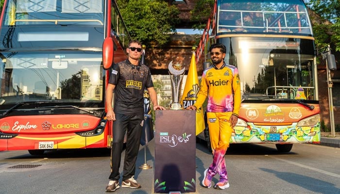 Babar Azam (left), captain of Peshawar Zalmi, and Marnus Labuschagne, captain of Hyderabad Kingsmen, pose with Pakistan Super League Trophy ahead of edition 11 final, Lahore, May 3, 2025. — Instagram/@thepsl