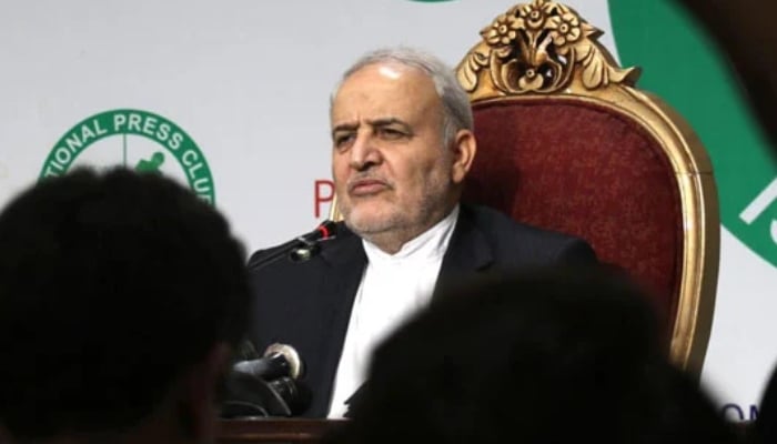 Irans Ambassador to Pakistan Reza Amiri Moghadam addresses a press conference at NPC on June 22, 2025. — INP