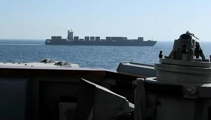 A view of Iranian-flagged cargo ship M/V Touska as the US Navy Arleigh Burke-class Aegis guided missile destroyer USS Spruance conducts its interception in a location given as the north Arabian Sea, in this screen capture from a video released April 19, 2026. — Reuters