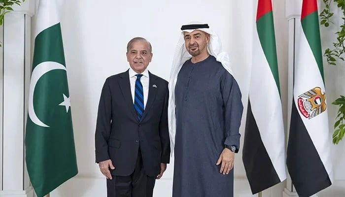 Prime Minister Shehbaz Sharif (left) meets UAE President Sheikh Mohamed bin Zayed Al Nahyan at Qasr Al Shati in Abu Dhabi, June 12, 2025. — WAM