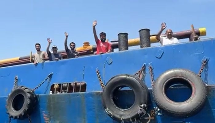 This image shows foreign crew members rescued by the Pakistan Navy during an operation in the Arabian Sea, May 5, 2026. — ISPR