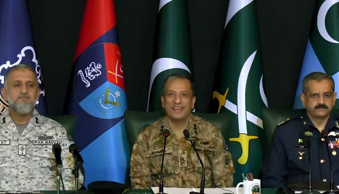 (From left) Rear Admiral Shifaat Ali Khan, ISPR DG Lieutenant General Ahmed Sharif Chaudhry and Air Vice Marshal Tariq Ghazi are addressing a press conference in Islamabad on May 7, 2026. — Screengrab via Geo News