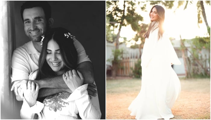 A collage of pictures of Ushna Shah and her husband Hamza Amin. — Instagram/@iam3h