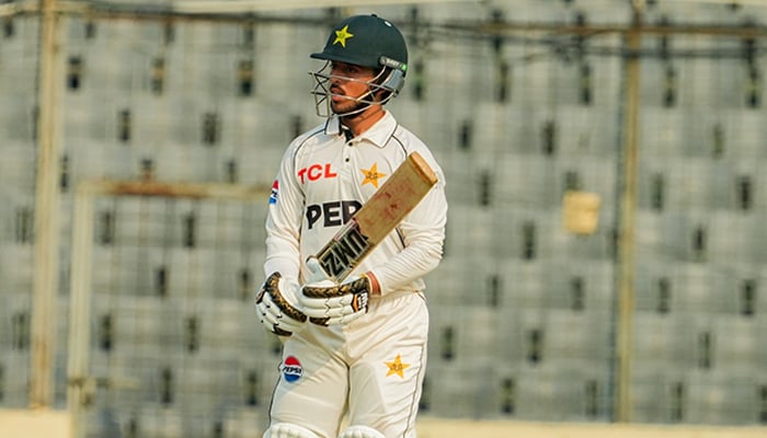 Pakistan opener Azan Awais plays a shot during day two of the first Test against Bangladesh at the Sher-e-Bangla National Cricket Stadium in Mirpur, Dhaka, on May 9, 2026. — PCB