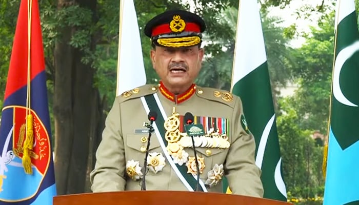 Chief of Defence Forces and Chief of Army Staff Field Marshal Syed Asim Munir is addressing a special ceremony to commemorate the first anniversary of Marka-e-Haq held at the General Headquarters (GHQ), Rawalpindi, on May 10, 2026. — Screengrab via Geo News