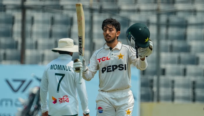 Pakistans Azan Awais celebrates scoring a century during the third day of their first Test against Bangladesh at the Sher-e-Bangla National Cricket Stadium in Mirpur on May 10, 2026. — X/@TheRealPCB