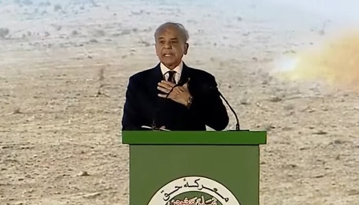Prime Minister Shehbaz Sharif addresses an event, marking the first anniversary of the Marka-e-Haq victory, Islamabad, May 10, 2026. — Screengrab via YouTube/Geo News