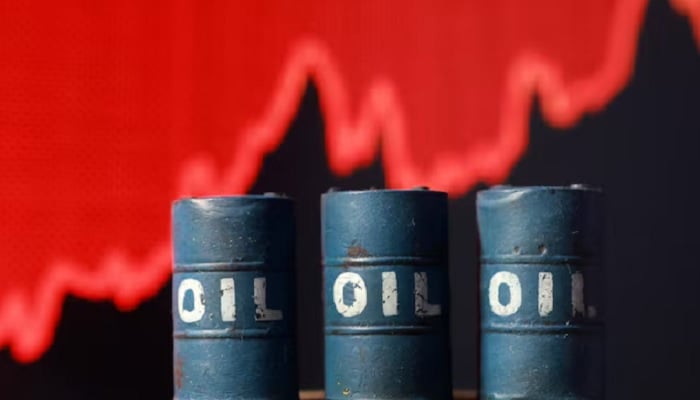 3D printed oil barrels and rising stock graph are seen in this illustration taken March 23, 2026. — Reuters