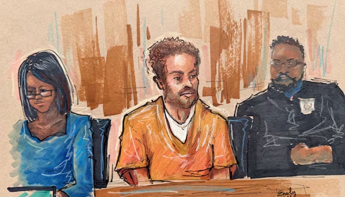 A court sketch of Cole Tomas Allen, the suspect in the shooting that occurred during the White House Correspondents’ Association dinner, seated in the courtroom during a hearing. — Reuters