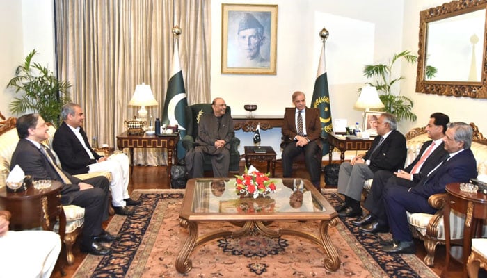 Prime Minister Shehbaz Sharif (fourth from right), along with a delegation, meets President Asif Ali Zardari (third from left) at Aiwan-e-Sadr in Islamabad on May 11, 2026. — President House