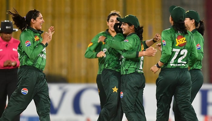 Pakistan players celebrate a wicket during their first T20I against Zimbabwe at the National Bank Stadium in Karachi on May 12, 2026. — PCB