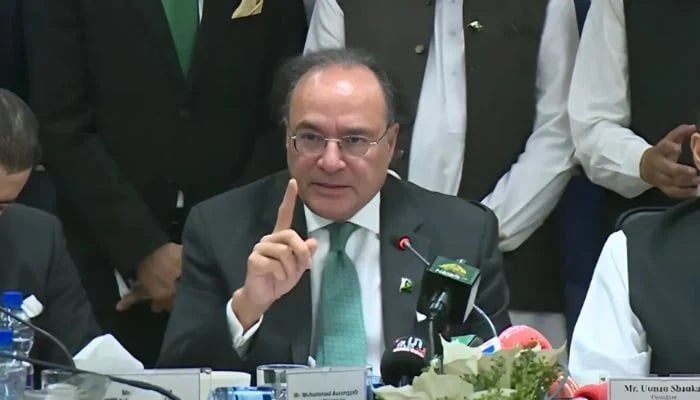 Finance Minister Muhammad Aurangzeb addressing an event in Islamabad, August 13, 2025. — Screengrab via Geo News
