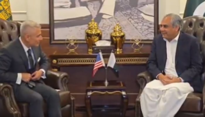 Interior Minister Mohsin Naqvi (right) meets US Assistant Secretary of State for South and Central Asian Affairs Paul Kapur, May 15, 2026. — Screengrab via X/MOIofficialGoP