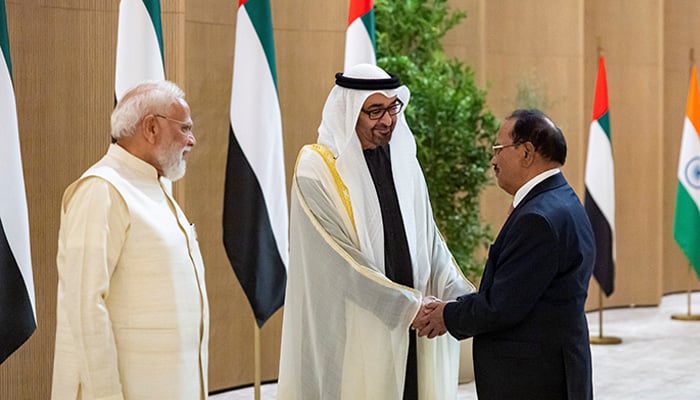 Sheikh Mohamed bin Zayed Al Nahyan, President of the United Arab Emirates, greets Ajit Doval, National Security Advisor of India, during an official reception for Indian Prime Minister Narendra Modi, at the Presidential Airport, in Abu Dhabi, United Arab Emirates, May 15, 2026. — Reuters