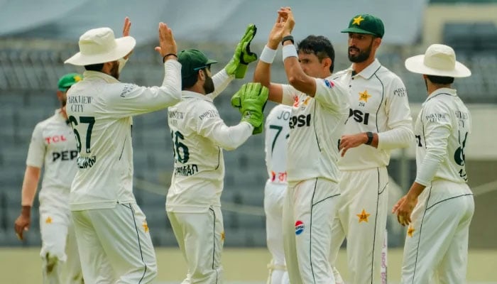 Pakistan pacer Mohammad Abbas celebrates after taking wicket with teammates during the first Test match against Bangladesh here at the Sher-e-Bangla National Cricket Stadium in Mirpur, Dhaka on May 11, 2026. — BCB