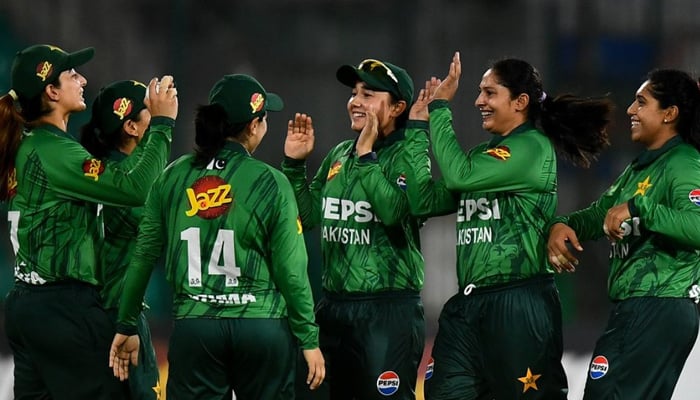 Pakistan players celebrate a wicket during the third and final T20I match against Zimbabwe at National Bank Stadium, Karachi, on May 15, 2026. — PCB