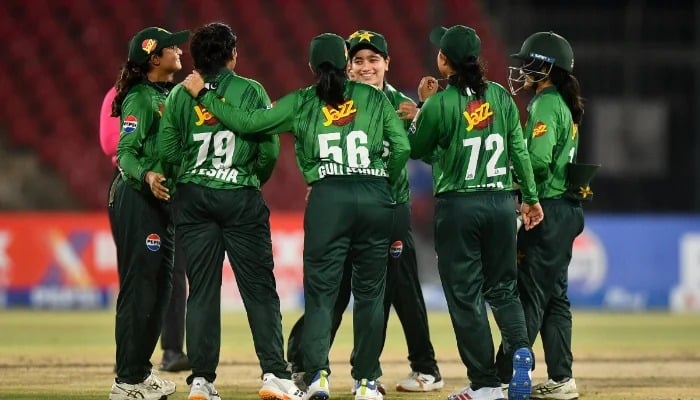 Pakistan women players celebrate during the first T20I against Zimbabwe at the National Bank Stadium in Karachi on May 12, 2026. — PCB