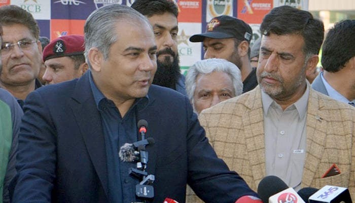 PCB Chairman and Federal Interior Minister, Mohsin Naqvi addresses during press conference on the occasion of the PCB Inter Schools prize distribution ceremony, held at Imran Khan Cricket Stadium in Peshawar on Tuesday, February 10, 2026. — PPI