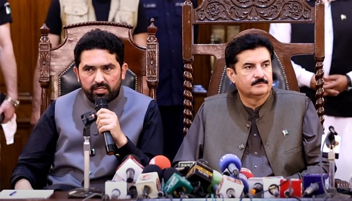 KP Chief Minister Sohail Afridi (left) speaks during a joint presser alongside Governor Faisal Karim Kundi in Peshawar, May 18, 2026. — Screengrab via Facebook/Muhammad Sohail Afridi