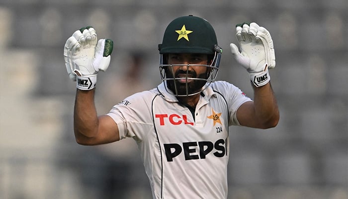 Pakistans Muhammad Rizwan reacts after scoring a half-century (50 runs) during the fourth day of the second Test cricket match between Bangladesh and Pakistan at the Sylhet International Cricket Stadium in Sylhet on May 19, 2026. — AFP