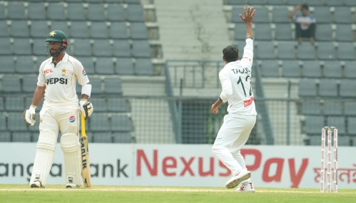 Bangladesh’s Taijul Islam appeals on day five of the second Test at Sylhet International Cricket Stadium on May 20, 2026. — BCB