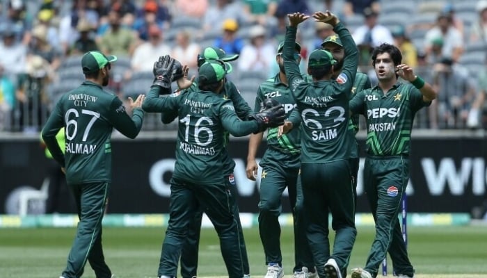 Pakistan players celebrate after getting the wicket of Australia’s Josh Inglis during the third one-day international (ODI) cricket match between Australia and Pakistan at the Perth Stadium in Perth on November 10, 2024. — AFP