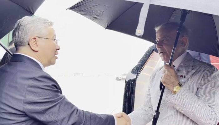 A Chinese official welcomes Prime Minister Shehbaz Sharif upon his arrival at Hangzhou Xiaoshan International Airport, China, May 23, 2026. — Screengrab via X/@GovtofPakistan