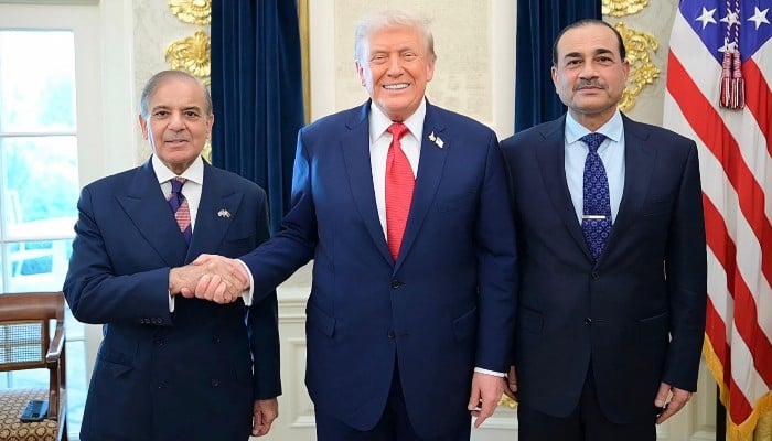 This handout photograph released by Pakistans Prime Minister Office on September 26, 2025, shows Prime Minister Shehbaz Sharif , COAS and CDF Field Marshal Syed Asim Munir posing with US President Donald Trump (C) at the White House in Washington, DC. — AFP