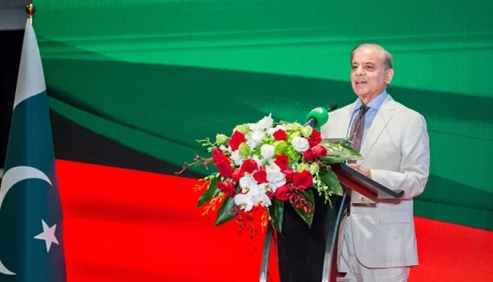 Prime Minister Shehbaz Sharif addressing an event in Hangzhou, China, on May 24, 2026. — APP