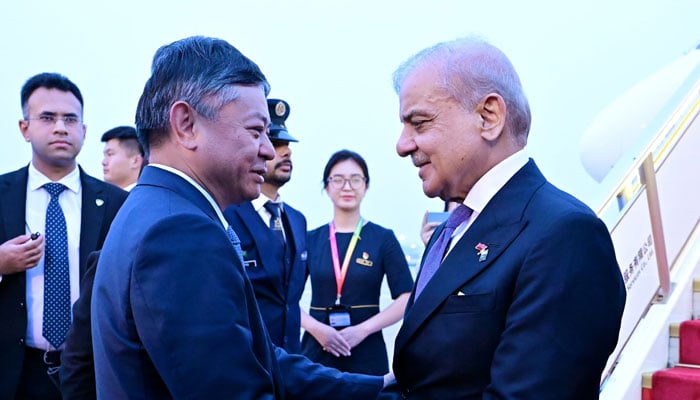Chinese Minister for Environment and Ecology Huang Runqiu (left) receives PM Shehbaz Sharif upon arrival in Beijing on May 24, 2026. — X/@
